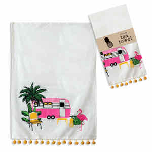Flamingo Camper Tea Towel